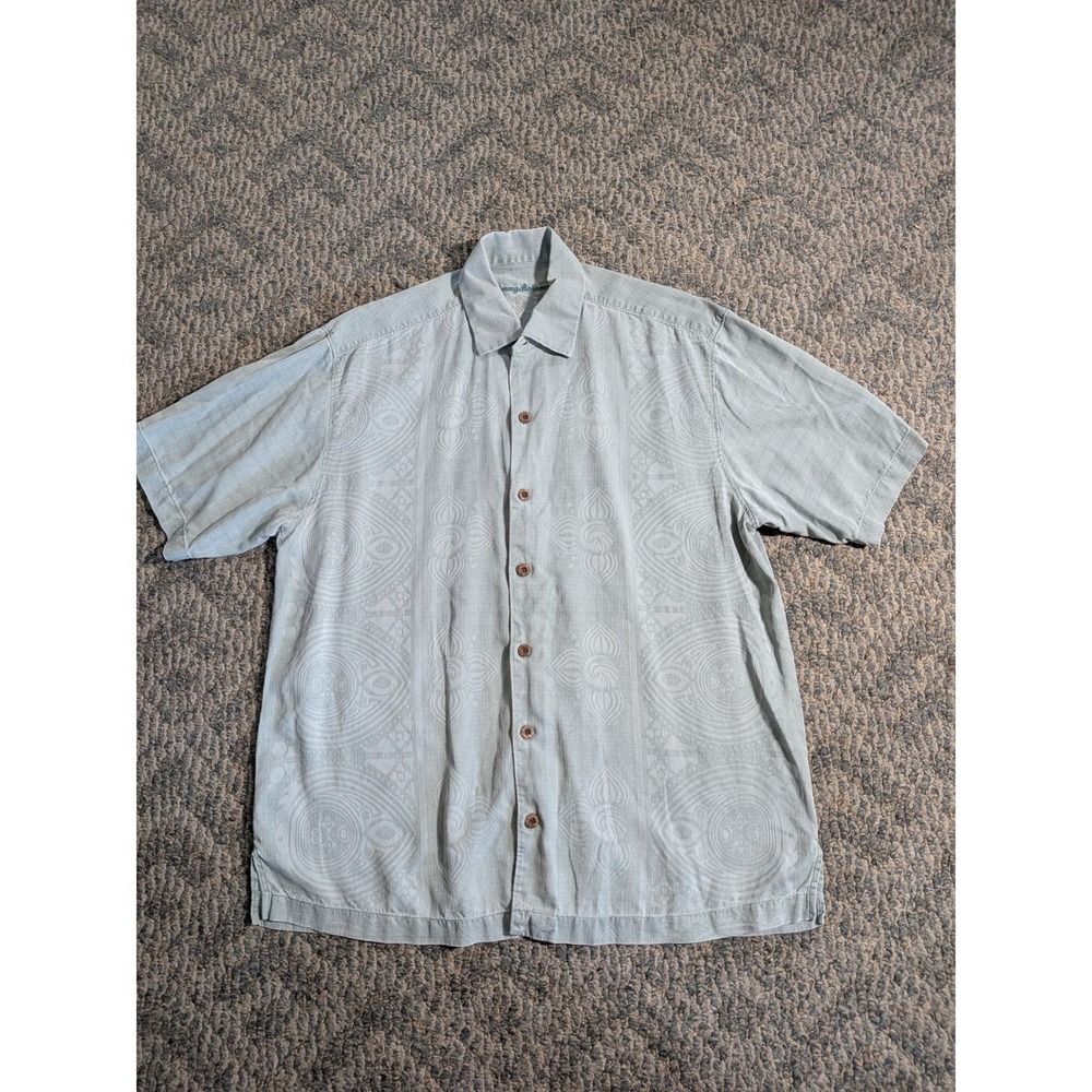 Tommy Bahama Mens Large Silk Short Sleeve Button Down Shirt Sage Green Jacquard